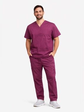Men’s Uniform Advantage Wine V-Neck Scrub Top and Cargo Pants